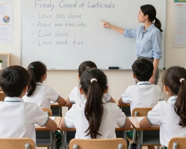 Children engaged in a hands-on math activity with colorful manipulatives in a bright classroom.