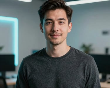 A professional portrait of a creative design lead in a North American setting, with sharp neon cyan lighting accents and a minimalist tech-focused background.