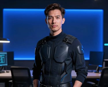 A portrait of a tech visionary in a dark room with neon royal blue backlighting, wearing futuristic attire, in a sleek North American office setting.