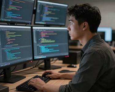A portrait of a software developer looking into the distance, illuminated by the glow of multiple monitors with lines of code in a North American workspace at night.