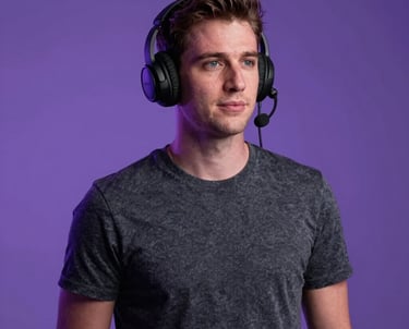 A professional portrait of a content strategist with a modern headset, standing in a studio with soft deep purple ambient lighting and a futuristic aesthetic, North American / US context.