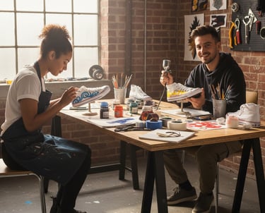 deux personnes dans un atelier de customisation de leurs chaussures. Peinture à la main,, art et créations sur mesure