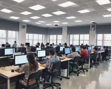 A friendly Python programmer teaching a small group of attentive students in a cozy classroom.