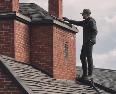 Close-up of a professional sweeping soot from inside a chimney flue.