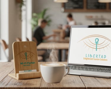 Laptop with Libertad tourism logo next to a Wi-Fi Porter and steaming coffee in a cafe.