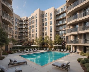 A friendly property manager greeting a happy tenant outside a well-kept Southern California residential building.