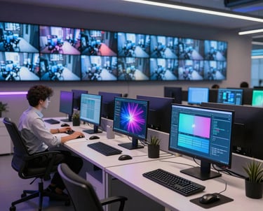 A sleek, modern office workspace with multiple screens displaying cybersecurity data and analytics.