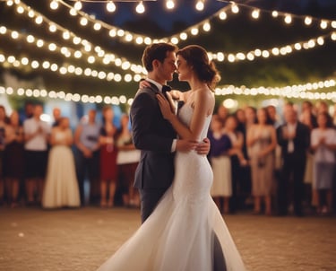 A cinematic shot of a bride walking down a sunlit aisle with soft focus.