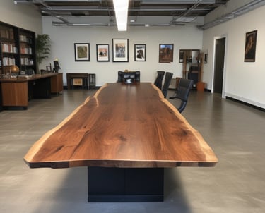 Close-up of a rich walnut live edge dining table with natural wood grain and smooth finish.