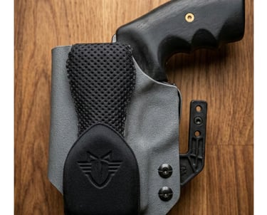Revolver with black wood grip in a grey Kydex IWB holster with mesh padding on a wood surface.