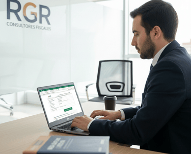 Consultor fiscal de RGR brindando servicios fiscales desde oficina corporativa.