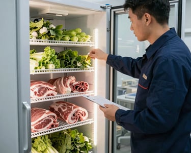 Technician in black uniform with golden accents repairing commercial refrigeration equipment in a sleek restaurant kitchen.