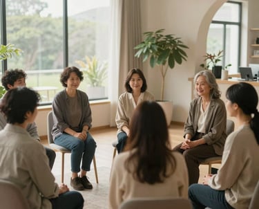 A group therapy session in progress with engaged participants and a supportive counselor.