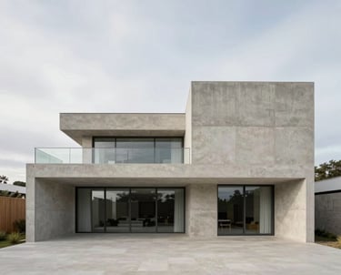 Straight-on architectural elevation of a modern concrete and limestone villa in Portugal, clean geometric lines, soft overcast daylight, generous negative space.