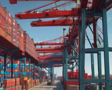 A cargo ship loaded with containers departing a busy port.
