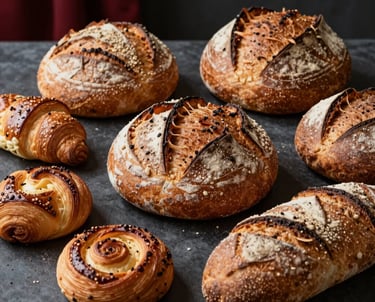 A beautifully styled shot of artisanal breads and pastries on a dark moody table, deep red accents, scandinavian vibe.