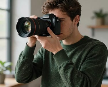 Portrait of a food photographer adjusting a camera lens, dark forest green sweater, natural light studio.