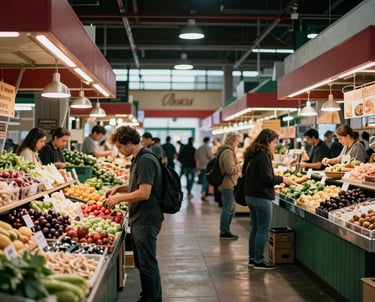 A bustling modern indoor food market, North American / European style, soft lighting with deep red and green accents.