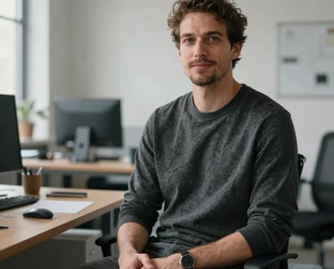 Portrait of a creative strategist in a scandinavian-style office, natural light, dark slate gray outfit, North American / European.