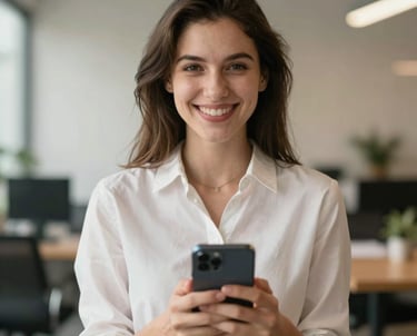 Portrait of a social media manager holding a smartphone, warm inviting smile, cozy office background, North American / European.
