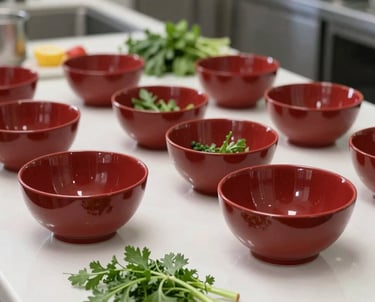 A vibrant shot of a modern culinary workspace, deep crimson mixing bowls and fresh herbs on a pristine counter.