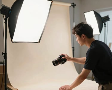 An agency creative adjusting lighting for a food shoot, modern studio setting, crisp parchment tones.