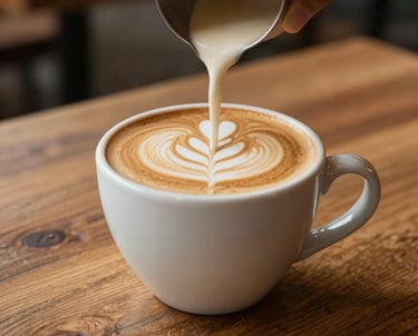 A close-up of a perfectly poured latte on a rustic wooden table, cozy cafe atmosphere, warm tones.