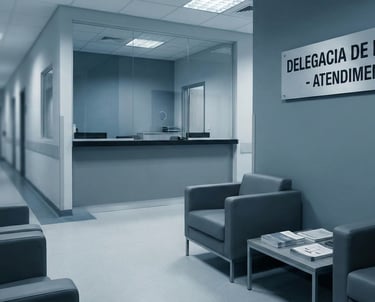 Empty Brazilian police station reception area with a service window and waiting room seating.