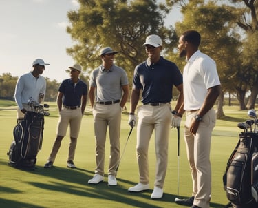 Young golfers practicing swings on a sunny golf course with a coach guiding them.