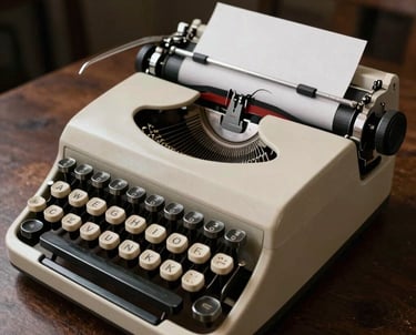 Portrait photography of a vintage typewriter on a dark wooden table, soft light from the side highlighting the mechanical details. Muted cream and dark brown tones, professional and literary style.