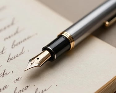 Close-up of an open fountain pen next to a handwritten manuscript. The paper is slightly yellowed, suggesting a classic literary aesthetic. Soft-focus background in taupe and beige.