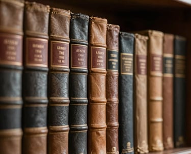 Detailed shot of an old library shelf filled with leather-bound books. The lighting is warm and dramatic, highlighting the texture of the spines. Charcoal and tan color scheme.