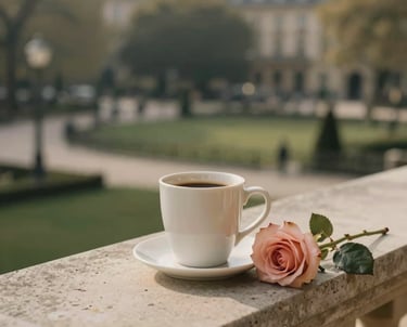 Photography of a simple coffee cup and a single rose on a stone balcony overlooking a European park. Minimalist composition with soft morning light, tan and charcoal tones.