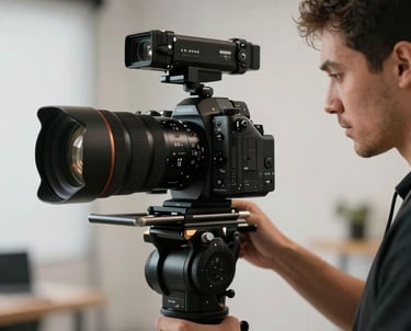 A professional camera setup in a modern studio capturing a creative director at work, international professional style.