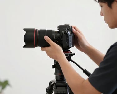 Candid photography of a media specialist adjusting a professional camera lens on a tripod in a bright white photo studio.