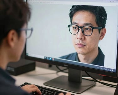 A close-up of a creative lead with glasses working intensely at a dual-monitor setup in a high-tech office environment.