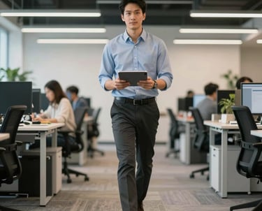 A project manager with a digital tablet walking through a modern open-plan office in North America, blurred background.