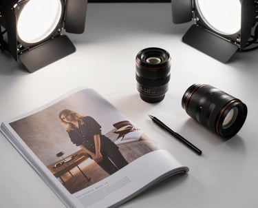 High-angle shot of a photography session featuring high-end print media products on a white backdrop under bright studio lights.