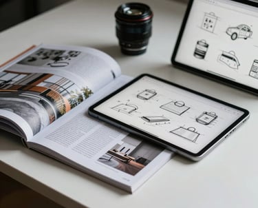 A crisp photograph of a minimalist desk with architectural magazines and a high-tech tablet showing branding sketches.
