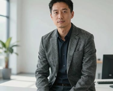 Professional portrait of a design director in a modern grey blazer, sitting in a bright, minimalist international studio space.