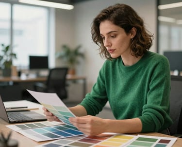 Professional photo of a female brand strategist in a green sweater reviewing high-contrast color palettes in an airy office.