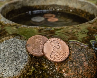 two pennies, laying next to a wishing well