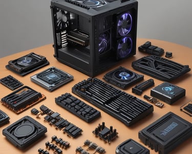 Display of various high-tech computer components arranged neatly on a black surface.