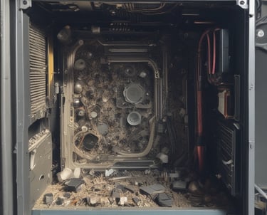 Display of various high-tech computer components arranged neatly on a black surface.