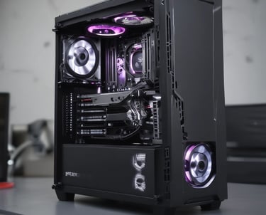 Display of various high-tech computer components arranged neatly on a black surface.