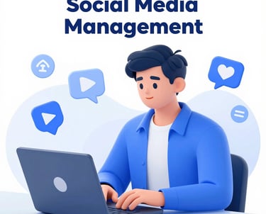 A 3D character using a laptop for social media management with digital engagement icons.