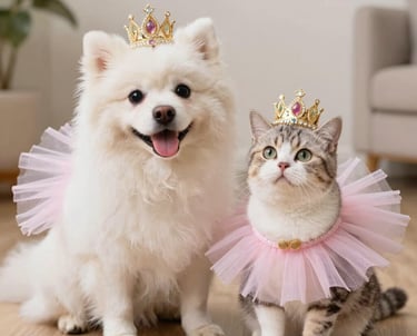 Gatito atigrado y perrito pomeranian blanco usando coronitas doradas y tutú rosa de ballet