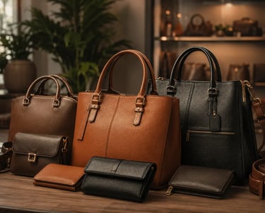 A collection of luxury leather handbags, wallets, and totes in brown and black displayed in a boutique.