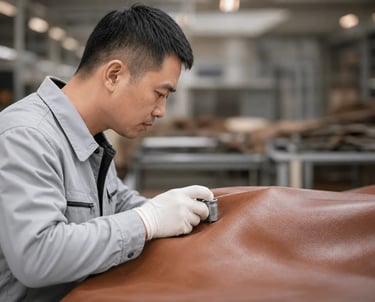 A male quality control technician inspecting genuine brown leather texture with a magnifying tool.