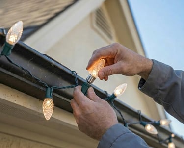 Close-up of C9 Christmas lights being installed on a roofline